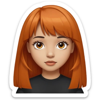 Light skin girl, black to brown orange-ish hair, big brown eyes and medium straight hair with bangs above the eyebrow  sticker