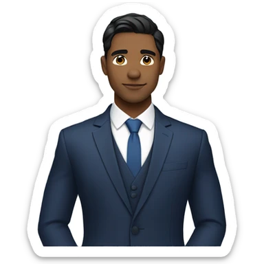 Handsome male, black hair, wearing dark blue suits, Background with buildings, light white skin sticker