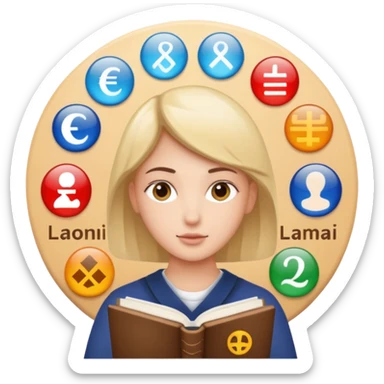 person studying modern languages surrounded by symbols of different languages sticker
