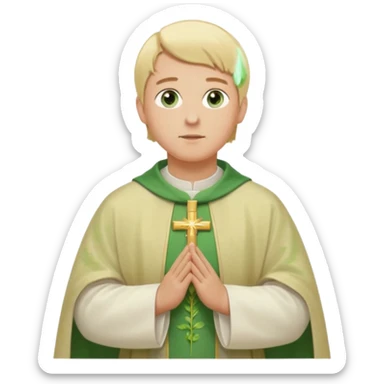 a priest, green eyes, blonde hair, light green chasuble. opening arms, gazing thoughtfully. Soft light, subtle fern. Waist-up, profile. sticker