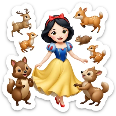 Cinematic Playful Snow White Portrait Emoji, Laughing while dancing with woodland animals, dress twirling gracefully, a whimsical sparkle in her eye, radiating charm and pure delight! sticker