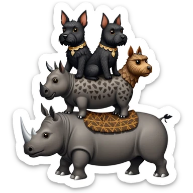 Two Scottish terriers and an owl riding a rhino sticker