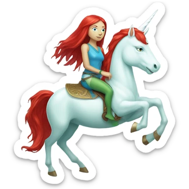 [
	{ a light green Amazon alien woman [ hair:red, eyes:blue]} 
	on a 
	[{ unicorn: white, legged:six, mane: light blue }] sticker