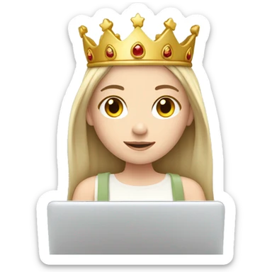 Pale white brunette girl on laptop wearing a crown sticker