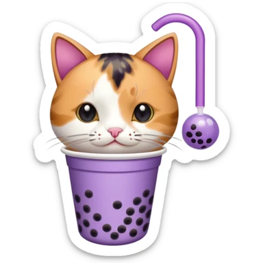 a cat drinking from a mini purple bubble tea cup sticker