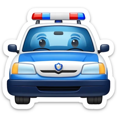 A blue and white police car with a friendly smiling face on the front sticker