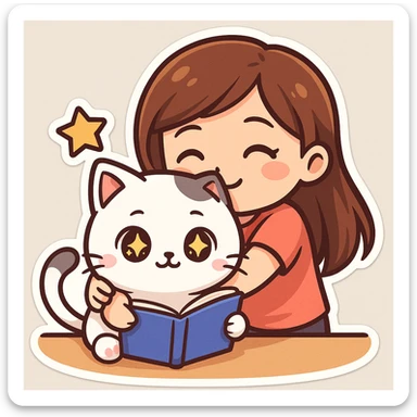 A kitten sitting at a table holding a book with stars in its eyes, and a girl hugging him from behind, sticker style. sticker