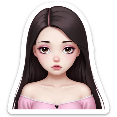 girl with white skin, dark brown long realistic straight hair with middle part prominently falling in front of her body over her shoulders, very big pouty extra shiny lips with absolutely no cupid's bow, big round shiny eyes with black eyeballs and huge eyelashes, no eyeshadow, pink blush on cheeks, lighter button nose, very long oval-shaped face, wearing a pink off-shoulder top, looking directly at camera with hands down at sides sticker