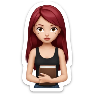 a pretty bratz fair girl with dark red straight hair, black cami top, looking sad holding books. looking sad sticker