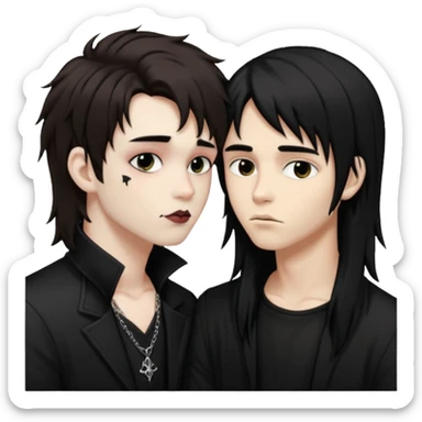 Goth Boys, one goth boy pale with shaggy brown hair and makeup, the other a goth boy tan with long black hair, kissing sticker