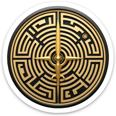 A vertical sword in the center of a circular maze, inside of which is embedded a thin astrolabe. The lines are strict, geometric, and symmetrical. The material is a dark metal (antimonium). The style is a minimalistic alchemical sign. sticker