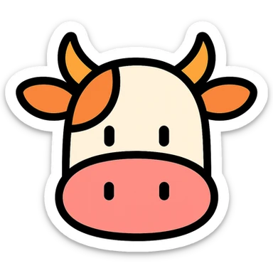 Show only the cow's head in a color outlined icon style with black outlines and color fill, playful and modern, no background. sticker