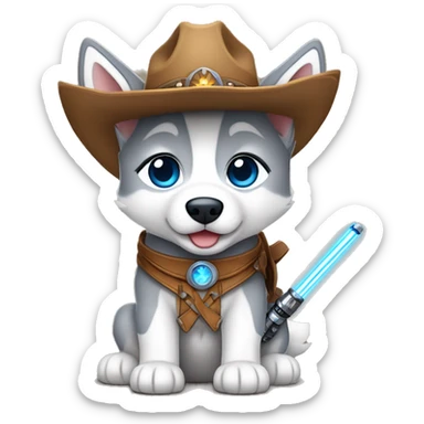 Gray Siberian Husky with blue eyes puppy wearing a cowboy hat dressed in Jedi clothing Holding a Lightsaber with the Paw sticker