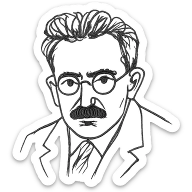 a hand drawn black outline portrait of Walter Benjamin with similar size eyes based a famous photograph of him sticker
