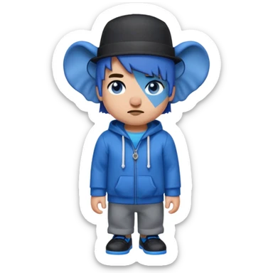 Minecraft character with a top hat And a hoodie That is blue And has a elephant And short hair And A eye patch That is white And black shoes And  Dot eyes  That are  Dark blue And a mouth Drooling And the skin mixed sticker