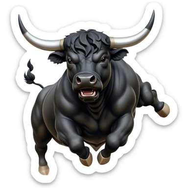​Cinematic Realistic Black Charging Bull, depicted in mid-charge with a powerful, muscular form and glossy black hide glistening under dynamic dramatic lighting, dust and motion captured mid-air to exude raw strength and unbridled energy on an expansive arena, sticker