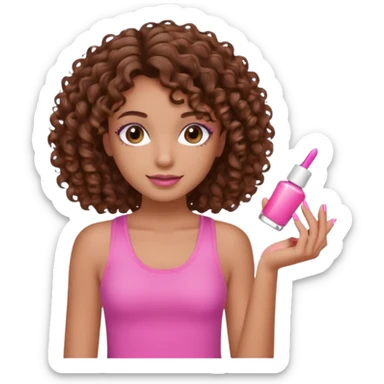 Uma menina com o cabelo cacheado é morena, e com uma regata rosa com unha em gel  sticker