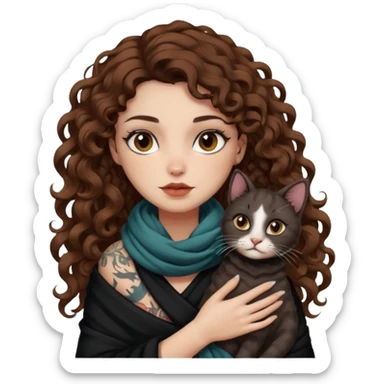 bust woman long curly brown hair brown eyes white skin tattoos with black cat wrapped around shoulders like scarf sticker