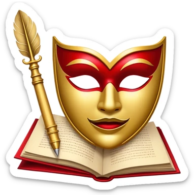 Create a bold and dramatic emoji representing the art of playwriting. The design should feature an open script or a theater playbook, with stylized text lines or dramatic dialogue inside. Include elements like a theatrical mask (comedy or tragedy), a stage spotlight, or a quill to symbolize creativity and performance. Use deep, contrasting colors like red, black, and gold to evoke the intensity and passion of drama. The overall design should feel dramatic, inspiring, and artistic. Make the background transparent. sticker