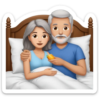 Man with grey hair and beard, and beautiful brunette woman spooning in bed sticker