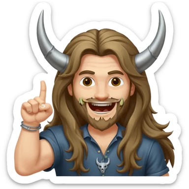 Long haired guy throwing up metal horns sticker