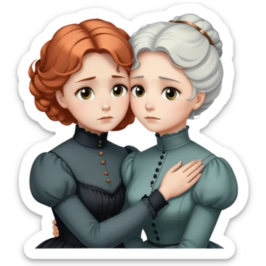 Two Victorian women in a sad intimate hug, one with white coiffed hair and one with copper coiffed hair, both with grey eyes, wearing Victorian turtleneck dresses sticker