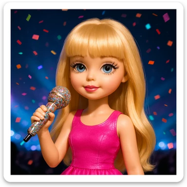 Pretty and girly Blonde pop star with bangs, holding a bedazzled microphone, reimagined as a doll, with a nighttime concert backdrop with colorful confetti sticker