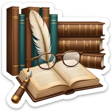 An icon featuring an open book with classic text, a feather quill, and reading glasses, symbolizing literary studies. The design includes old library shelves and vintage manuscripts in the background. Transparent background emphasizes the deep analysis of written works and literary history. sticker