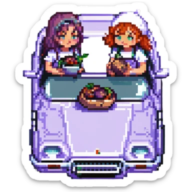 two girls eating an aubergine on the hood of a car, pixel art style sticker