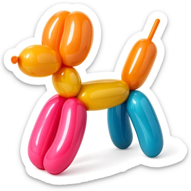 <system_prompt>
  <style>
    <name>Hyperrealistic Colorful Balloon</name>
    <description>3D render designed in a hyperrealistic colorful balloon style.</description>
    <materials>
      <surface>
        <type>latex</type>
        <finish>shiny</finish>
        <reflectivity>high</reflectivity>
        <stretching>slightly_stretched</stretching>
        <imperfections>
          <creases>subtle</creases>
          <warps>light</warps>
          <kinks>natural</kinks>
        </imperfections>
        <ends>tied</ends>
      </surface>
    </materials>
    <shape>
      <feel>inflated</feel>
      <construction>hand-twisted</construction>
      <volume>high</volume>
    </shape>
    <lighting>
      <style>sharp</style>
      <shadows>none</shadows>
      <enhance>volume</enhance>
    </lighting>
    <aesthetic>
      <mood>playful</mood>
      <style>pop-art</style>
    </aesthetic>
    <background>
      <style>minimal</style>
      <clean>true</clean>
    </background>
  </style>
</system_prompt>

{subject} = dog sticker