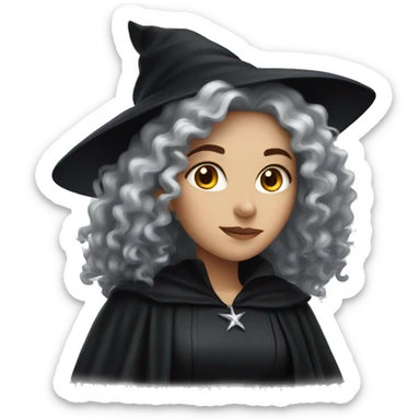 white women with long dark curly hair and a black witch costume sticker