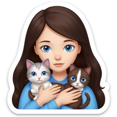 a pretty girl with long dark 
brown hair, with blue eyes, hugs 3 different natural coloured small cats sticker