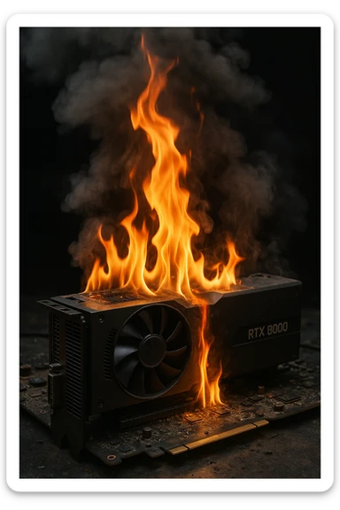 overheating RTX8000 graphics card, smoke and flames, realistic, no text sticker