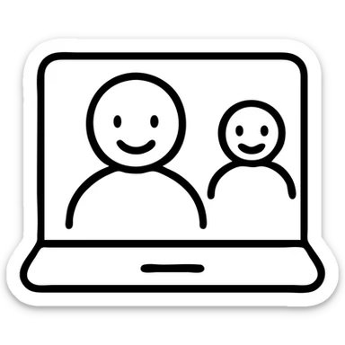 Minimalist illustration of a virtual meeting with two smiling individuals, one on a laptop screen, expressing connection and communication. sticker