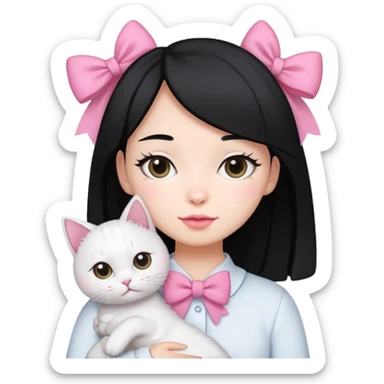 A gurl black hair with pink bow holding one white cat sticker