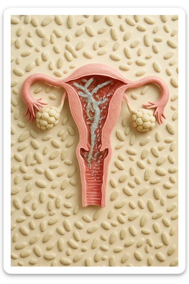 utero umano realistico con batteri della candida intorno, la foto si deve vedere per intero in formato verticale, sfondo neutro chiaro, iperrealistico 4k sticker