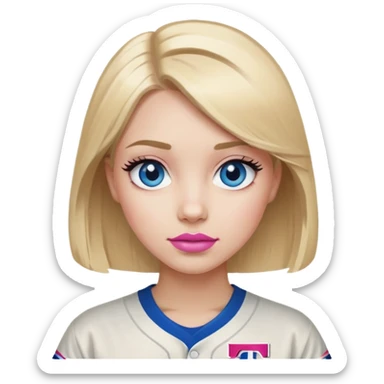 Blonde hair, blue eyes, pink lips, lashes, long bob haircut, wearing Texas rangers baseball shirt sticker