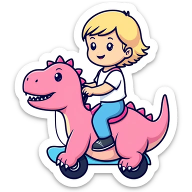 Blonde toddler riding pink dinosaur sticker