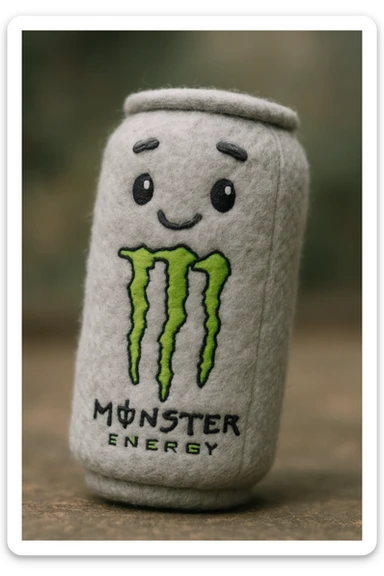 monster energy drink can, plush portrait style, fluffy and soft, embroidered details sticker