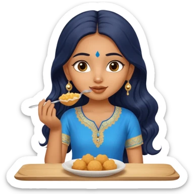 a pretty tan indian bratz girl. eyeliner on, wearing a blue kurti, eating golgappa. NO SPOON. wavy long BLACK coloured hair sticker