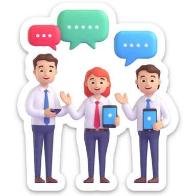 3D emoji style illustration of a friendly employee and a happy customer interacting, with dynamic elements like chat bubbles, a handshake, and digital devices, representing reinvented customer engagement sticker