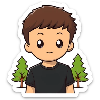 boy with straight short brunette hair brown eyes black tshirt on and tree behind sticker
