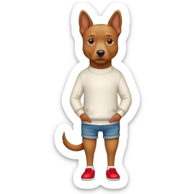 Brown dog standing upright with hands in jean pockets, wearing a white sweater and red shoes sticker