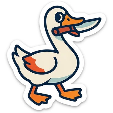 a goose with a knife in its mouth, vibrant cartoon style sticker