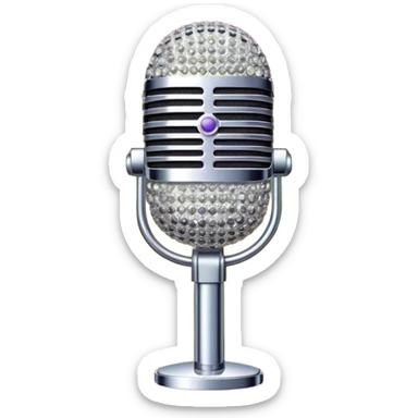 Create a glamorous and vibrant emoji representing stage vocal performance. The design should feature a classic vintage microphone at the center, surrounded by an eye-catching stage costume covered in rhinestones, sparkling brightly. The costume should be stylized, with glittering elements like sequins and sparkles, and reflect the glitzy, extravagant nature of show business. The microphone should have a sleek, retro look with chrome or metallic accents. Use rich, dazzling colors like gold, silver, deep purple, and bright red to evoke the glamorous, larger-than-life feel of a stage performance. The background should be transparent. sticker
