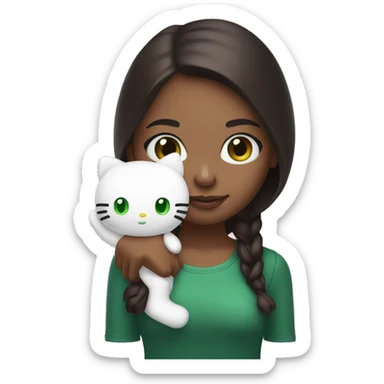 Give me a girl with green eyes and dark brown hair holding a hello kitty plushy sticker