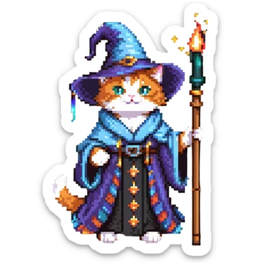 A cat wizard casting a spell with magical staff and flowing robes sticker