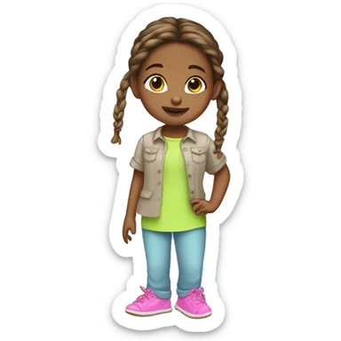 Little girl with a brown braid wearing a light blue shirt, neon green pants, pink slippers sticker