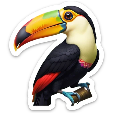 Cinematic Noble Toucan Portrait Emoji, Poised and regal, with a vibrant, striking beak and a sleek, colorful body adorned with bold patterns and keen, observant eyes, Simplified yet sharp and sophisticated features, highly detailed, glowing with a soft, tropical radiance, high shine, intelligent and majestic, stylized with an air of exotic elegance, focused and alert, soft glowing outline, capturing the essence of a watchful and confident avian guardian that appears ready to take flight out of the screen with effortless authority! sticker