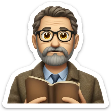 "A middle-aged man with brown hair, a beard, and round glasses. He has a serious, regretful expression, wears a tweed jacket, and holds a book or chalk." sticker